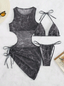 Detalle del conjunto de vestido de baño tie-dye con salida de baño de cuello redondo gris