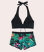 Vestido de baño tropical de dos piezas con short vista espalda negro verde